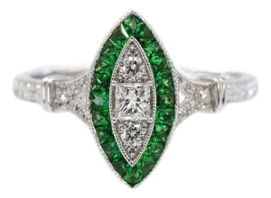 18k (750) White Gold Natural Diamond and Tsavorite Marquise Milgrain Ring, Size 6.5
