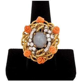 18k Rose Gold Star Sapphire Coral Diamond Ring For Sale
