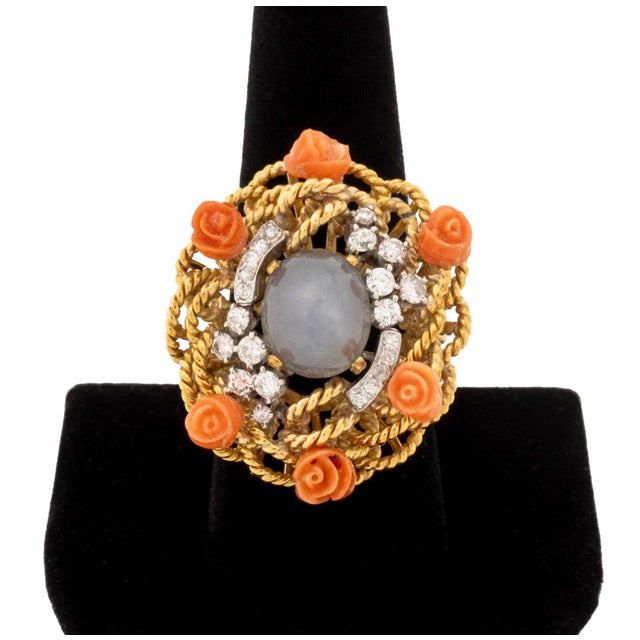 18k Rose Gold Star Sapphire Coral Diamond Ring For Sale