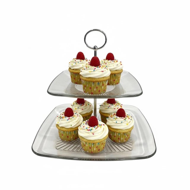 Anchor Hocking Union Square 2-Tier Tidbit Tray in the Platinum Collection. The item is made of clear, durable pressed...