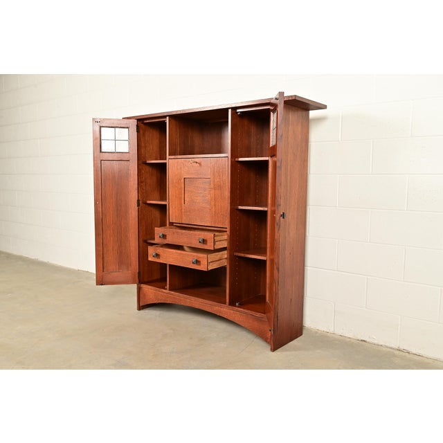 Stickley Harvey Ellis Collection Arts & Crafts Inlaid Oak and Leaded Glass Bookcase With Drop Front Secretary Desk For Sale In South Bend - Image 6 of 18