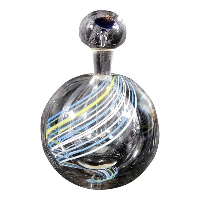 1970s Clear Round Perfume Bottle With Blue and Yellow Lines For Sale