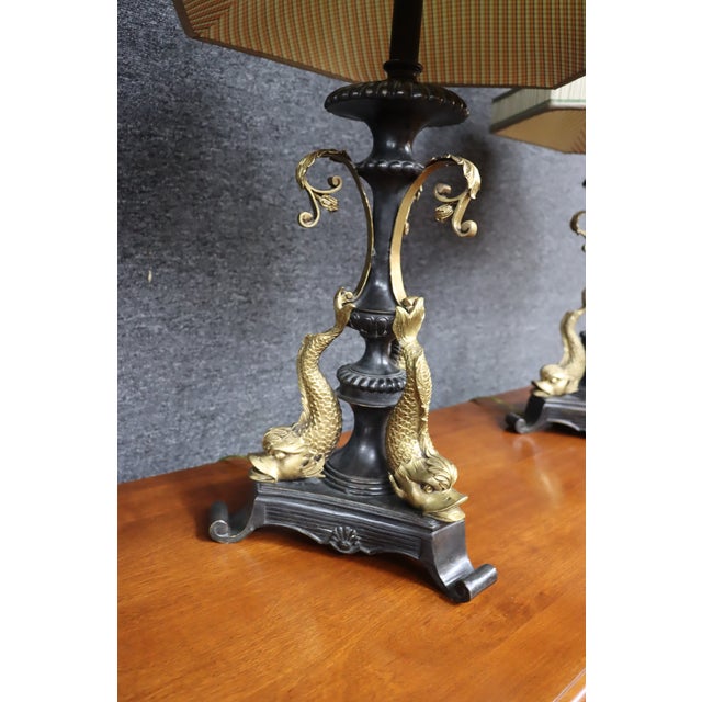 Antique French Empire Style Bronze Dolphin Table Lamps – Pair For Sale In Philadelphia - Image 6 of 13
