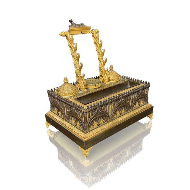 Museum Quality Empire Patinated Bronze & Ormolu Inkwell, France,Early 19th Century. H: 10-1/4" L: 9-1/2" D: 7"