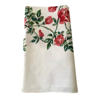 Vintage 1950s Roses Pattern Linen Tablecloth For Sale