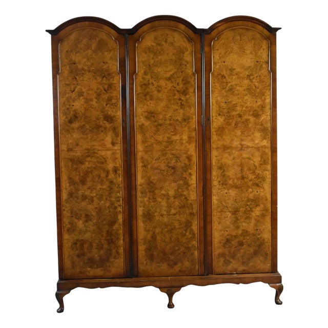 Queen Anne Style Burr Walnut Triple Wardrobe, 1920s For Sale