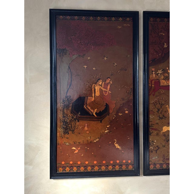 A trio of hand painted, framed, oil on board panels.All based on Indian artwork from the 18th Century. One depicting a...