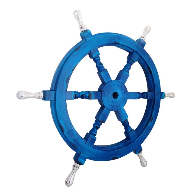 Vintage Nautical Handcrafted Blue Wooden Ship Wheel With Aluminium Hub & Handle For Sale - Image 4 of 6
