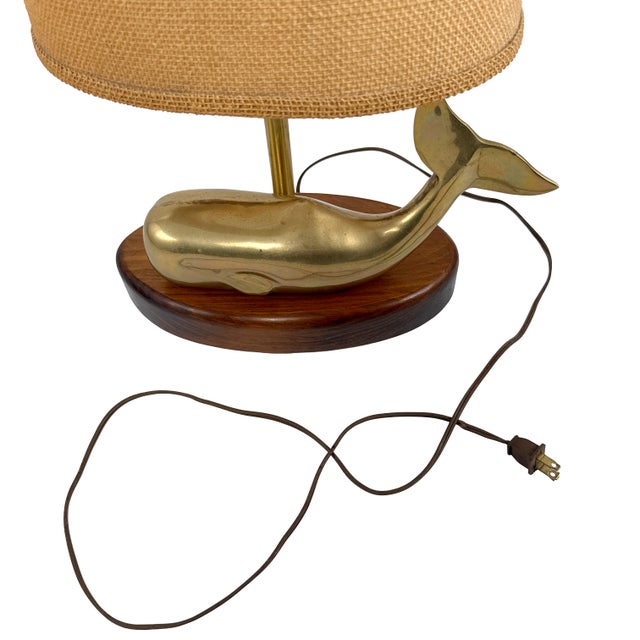 Vintage 1970s Brass Whale Table Lamp W/ Walnut Wood Base & Grasscloth Shade For Sale - Image 18 of 18