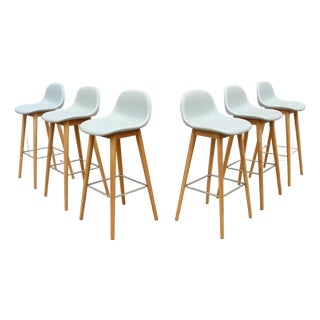 Danish Iskos-Berlin for Muuto Blue Leather Fiber Bar Stools Wood Base - Set of 6 For Sale