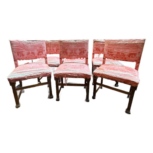 Late 19th Century Set of Six Romantic Italian Dining Chairs in Soft Pink Upholstery For Sale
