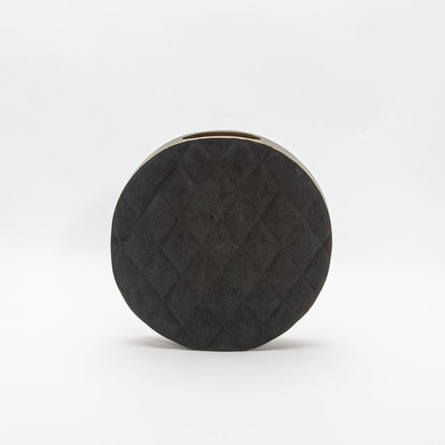 2020s Modern Quilted Vase in Black Shagreen With Brass Details by Kifu Paris For Sale - Image 5 of 11