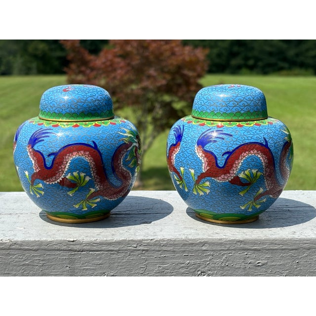 Late 19th Century Cloisonné Ginger Jars With Dragon Motif - A Pair For Sale - Image 6 of 10
