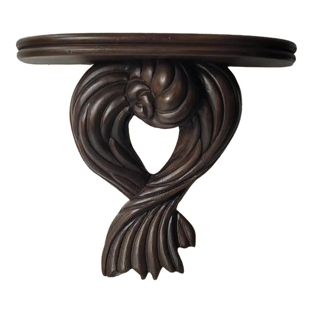 1970s Italian Hand-Carved Dark Wood Wall Bracket Shelf, Old World Scroll Demilune, Made in Italy For Sale