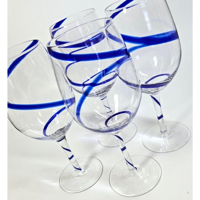 Vintage Wine Glasses Glass Blue White Swirl Chinoiserie Jumbo Cobalt Ribbon Goblet - Set of 4 For Sale In Los Angeles - Image 6 of 11