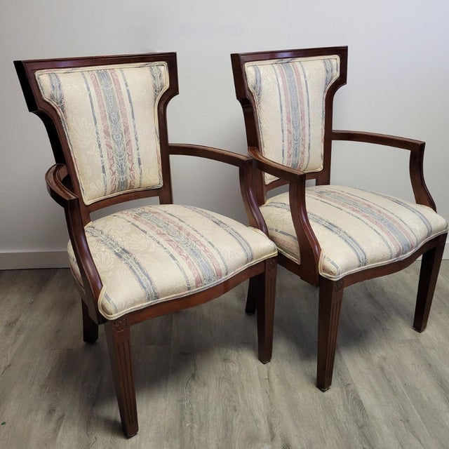 Wood Pair - Federal Style Mahogany Accent Chairs With Stripped Upholstery, Early 20th Century For Sale - Image 7 of 7
