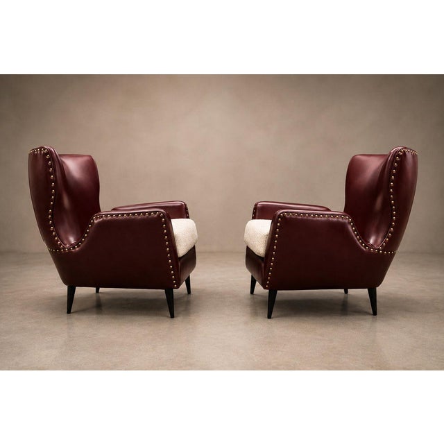 Pair of Brazilian Modernist Armchairs in Hardwood, Burgundy Leather & Bouclé by Carlo Hauner, Brazil, 1950s - Lot 466B For Sale - Image 14 of 18