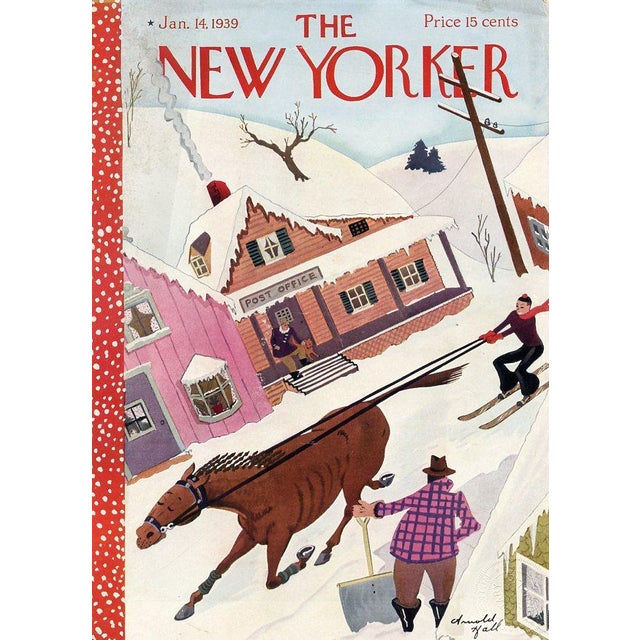 Original vintage New Yorker magazine cover dated January 14, 1939 featuring a Skiing theme. Based on an illustration by...