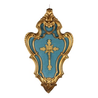 Bronze Crucifix Mounted on Gilded Wooden Holy Water Stoup For Sale