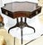 Unique shaped Duncan Phyfe style American made 1930-40s mahogany on oak frame side or end table with tooled leather tops...