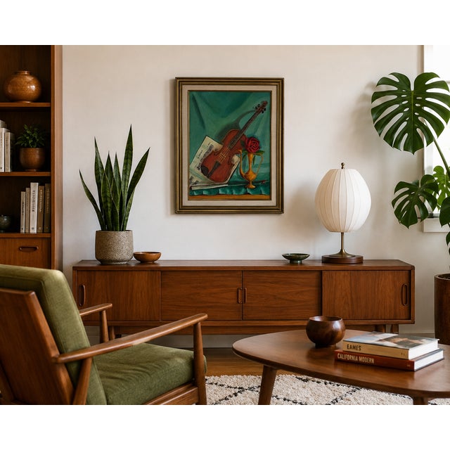 Charming 1960's Mid-Century Modern still life painting depicting a violin and bow arranged with sheet music, a vibrant red...