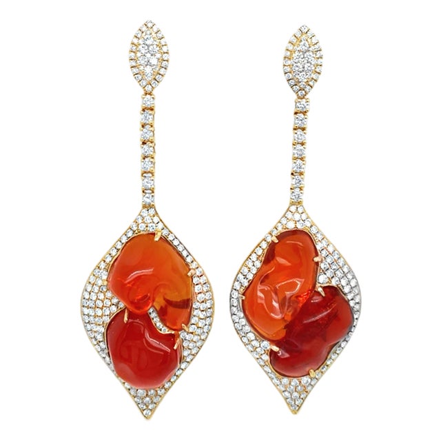 Vibrant Orange-Red Fire Opal & Diamond Earrings, A Pair For Sale