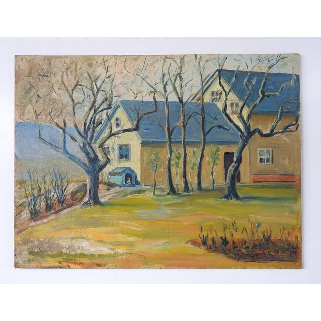 Rustic European Early 20th Century Yellow Farm House Painting For Sale - Image 3 of 3