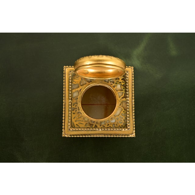 Tiffany Studios New York Grapevine Bronze Doré and Favrile Slag Glass Inkwell For Sale In South Bend - Image 6 of 14