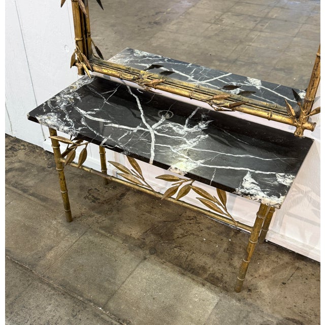 Italian Gilt Bamboo Mirror With Black Marble Console and Leaf Motif, Mid-Century Design For Sale - Image 11 of 12