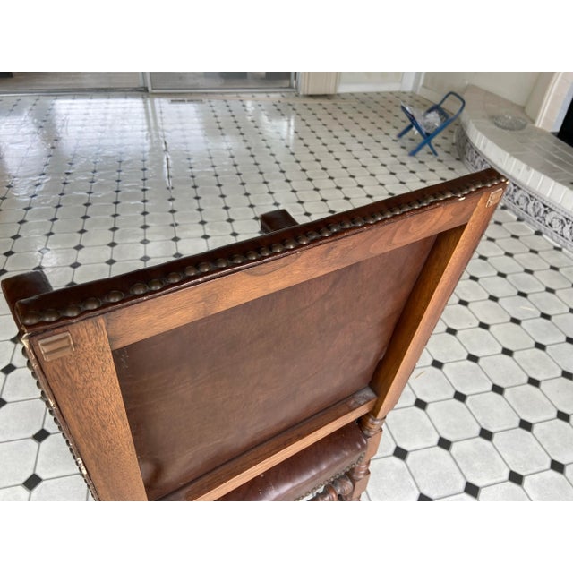 1900 - 1909 Antique High Back Carved Wood Leather Chair For Sale - Image 5 of 12