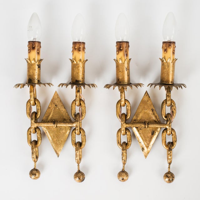 Spectacular and Exceptionally Rare Matched Pair of 1950s Spanish Mid-Century Modernist Gilt Wrought Iron 2-Light Wall...