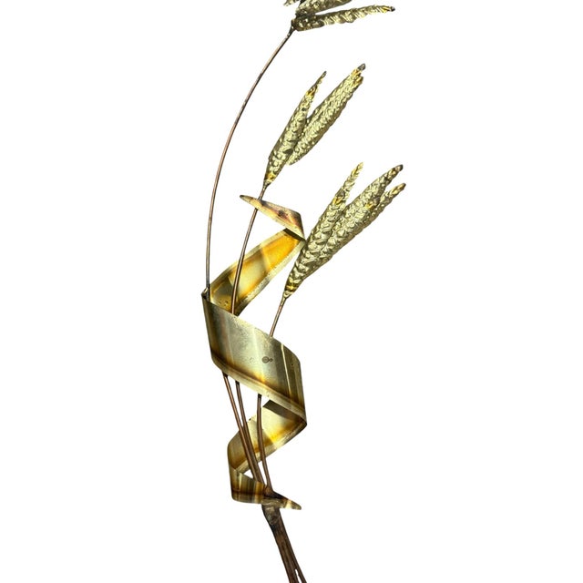 Metal Vintage Mid-Century Modern Brass Wheat Wall Sculpture – 29" Tall Botanical Wall Art For Sale - Image 7 of 9