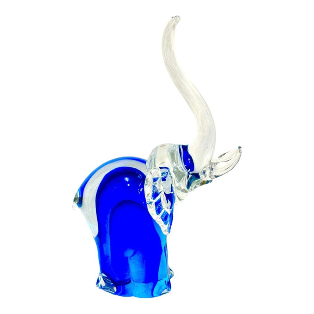 Vintage Cobalt Blue Blown Glass Elephant Paper Weight For Sale