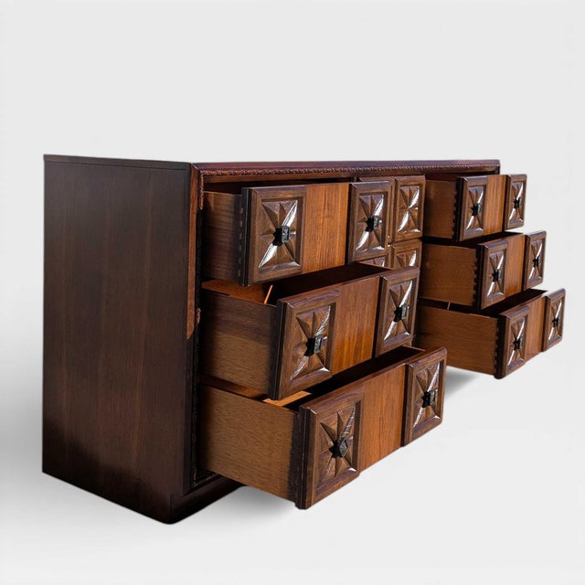 Brown 1970s Brutalist Lowboy Dresser With Sculptural Geometric Facade For Sale - Image 8 of 18