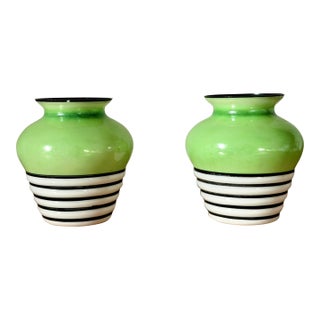 Green & White Glass Vase Duo | Art Deco For Sale