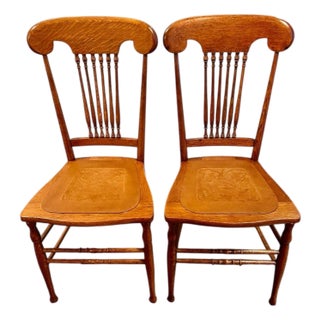 Antique Oak Spindle Chairs-Tooled Leather Seats-1900s Restored-Farmhouse-Rustic For Sale