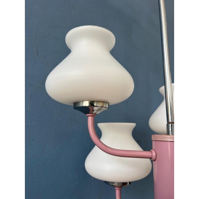 Mid-Century White Opaline Glass Chandelier with Pink Frame For Sale - Image 11 of 13