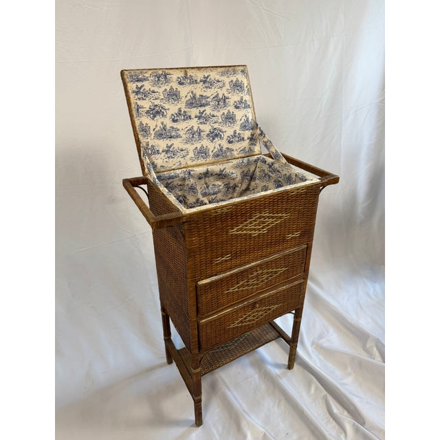 Antique Victorian Wicker Rattan Sewing Stand | Lift-Top Toile Lined, Two Drawers | Edwardian Work Table, 31in For Sale - Image 4 of 18