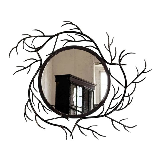 Black Mid Century Round Mirrors With Iron Branch Frames - A Pair For Sale - Image 8 of 8