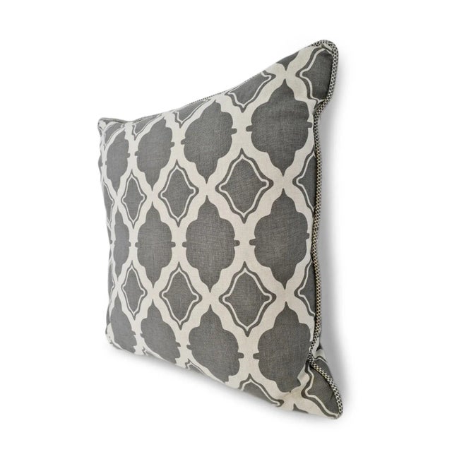 Grey and white Moorish print pillow. Includes plush down insert.