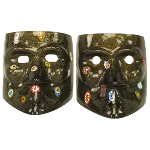 Handblown Gold Flecked and Fused Black Murano Glass Folk Arte Masks