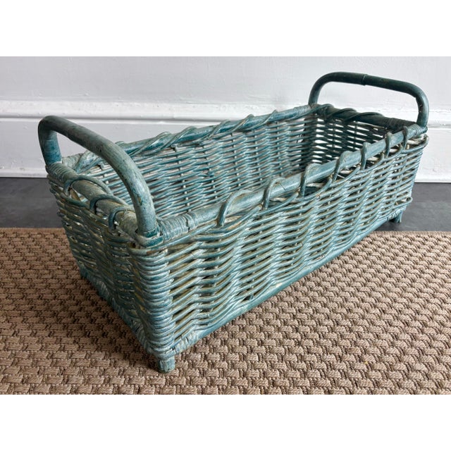 Wide blue French Country bamboo and wicker baskets with handles. Perfect for gathering or storage. Please see condition...