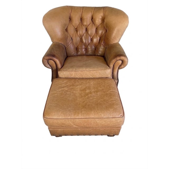 Vintage Bradington-Young Hand-Brushed Aniline Leather Tufted English Club Suite With Wingback Chair, Ottoman and Loveseat For Sale - Image 12 of 14