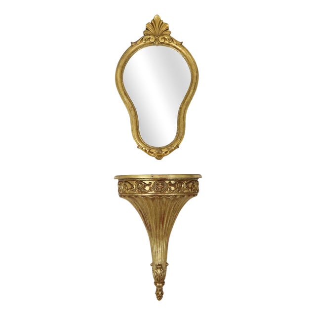 Gilded Baroque Style Mirror with Console, 1960s, Set of 2 For Sale
