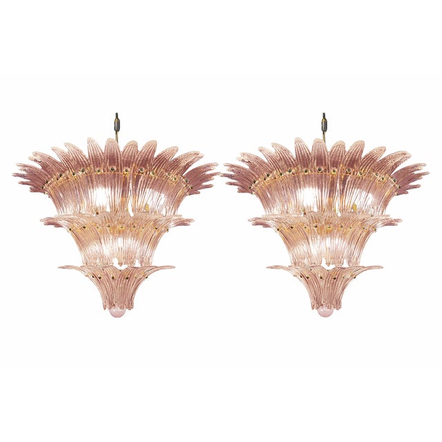 Lot of 2 Mid-Century Modern Pink “Palmette” Murano Glass Chandeliers a Pair For Sale - Image 6 of 7