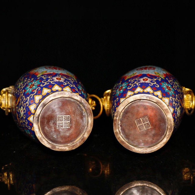 Pair of Chinese Cloisonné Vases | Gilt Bronze Handles & Taotie Mask Motif For Sale - Image 9 of 9