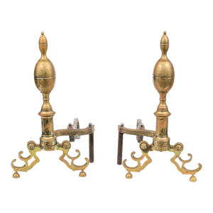 Antique Neoclassical Style Brass and Iron Double Lemon Andirons—A Pair