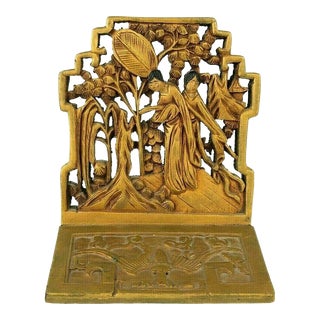 Vintage Chinese Gilded Carved Wood Book End Decorative with Bats Women Trees For Sale
