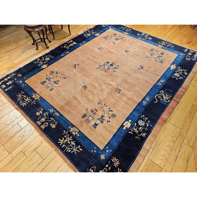 Antique Chinese Peking Rug, Hand-Knotted Wool, Pale Peach, Navy, 9' x 12' For Sale - Image 9 of 18