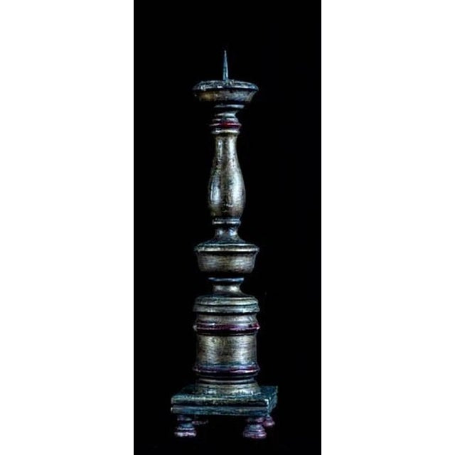 Wood Antique Turned Wood Pricket Candleholder with Polychrome Finish For Sale - Image 7 of 9